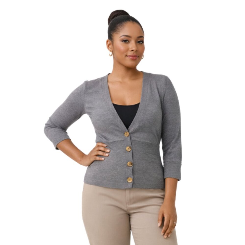 NWT Poof! Women’s Gray Button Front Cardigan Top Deep V-Neck 3/4 Sleeve Medium